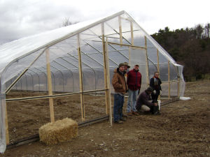 Our construction gang poses after putting plastic over our new greenhouse frame.